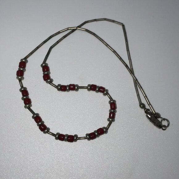 15" Shiny Orange Red and Silver Beaded Necklace - Picture 4 of 7